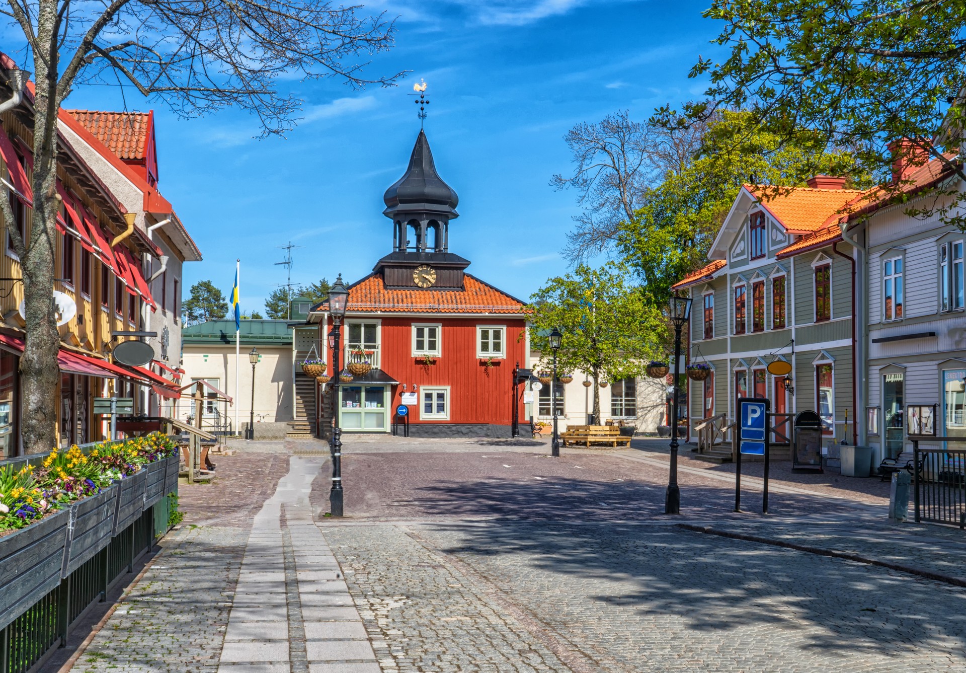 The central square in Trosa. Typical swedish village. Sweden.